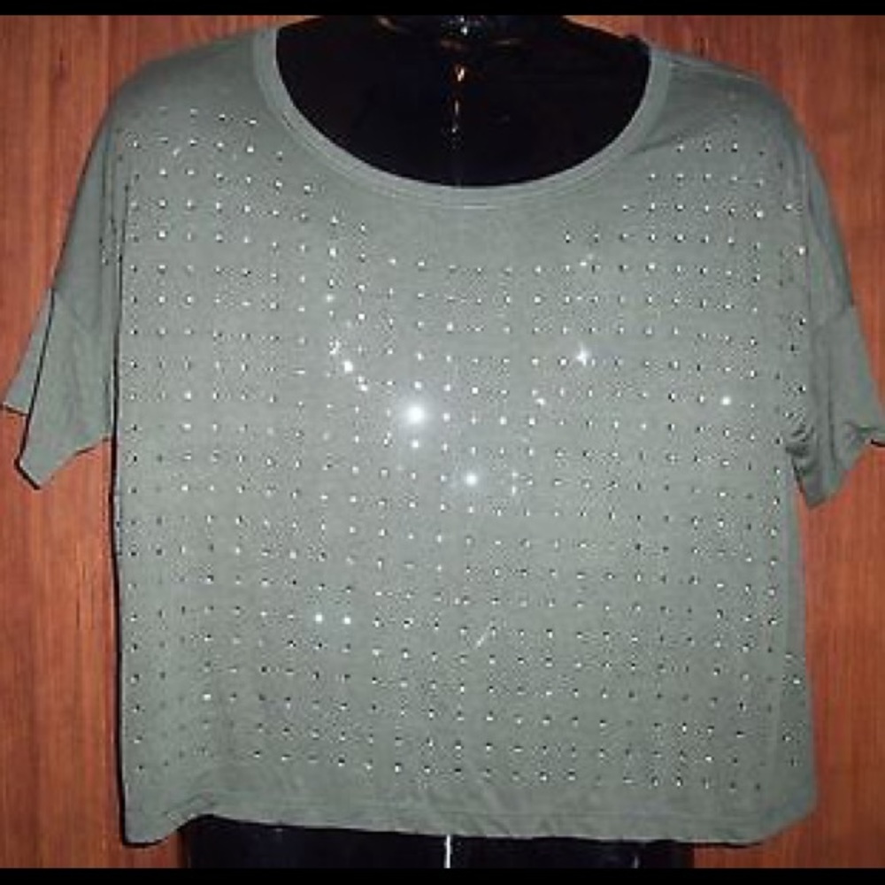 OLIVE GREEN, RHINESTONE TOP, SHORT-SLEEVES, NWT - Picture 1 of 4